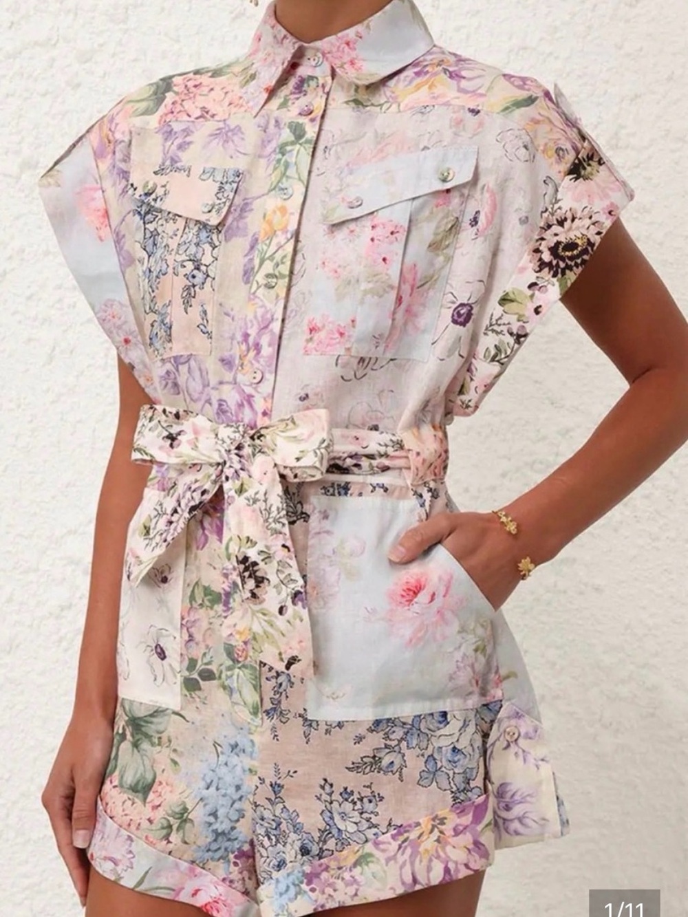 Zimmermann Pastel Floral Patchwork Button-Down Shirt Romper